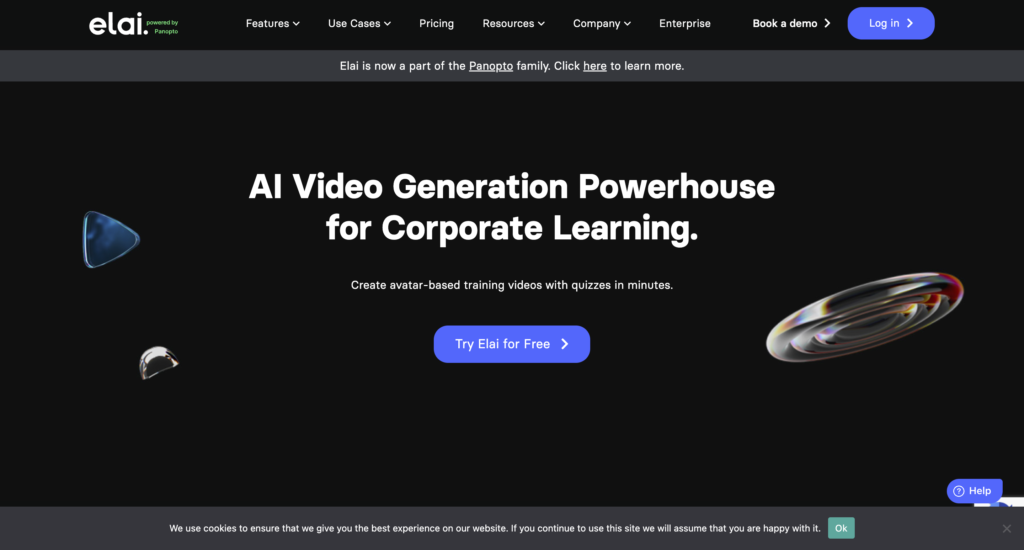 Elai homepage showcasing AI video generation for corporate learning, featuring avatar-based training videos with quizzes.